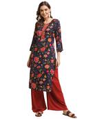 navy-blue women floral printed straight kurta