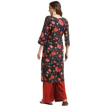 navy-blue women floral printed straight kurta 2