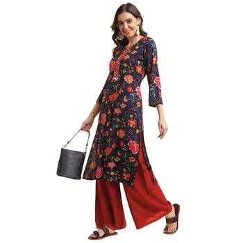 navy-blue women floral printed straight kurta 3