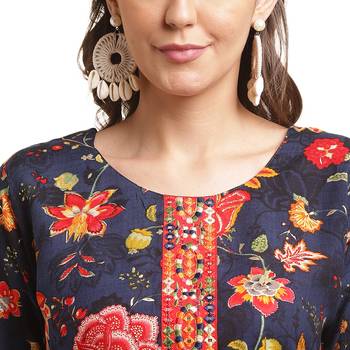 navy-blue women floral printed straight kurta 4