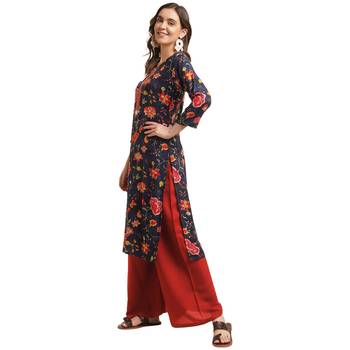 navy-blue women floral printed straight kurta 5