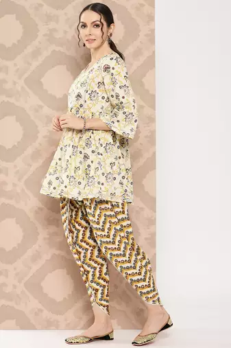  floral printed regular gotta patti pure cotton kurta with dhoti pants