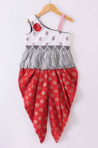 Twisha Girls One Shoulder Self Design Top & Dhoti Pants - White & Red