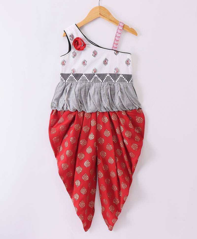 Twisha Girls One Shoulder Self Design Top & Dhoti Pants - White & Red