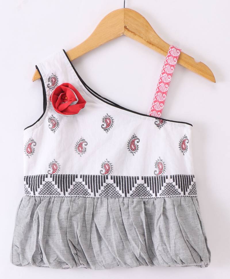 Twisha Girls One Shoulder Self Design Top & Dhoti Pants - White & Red