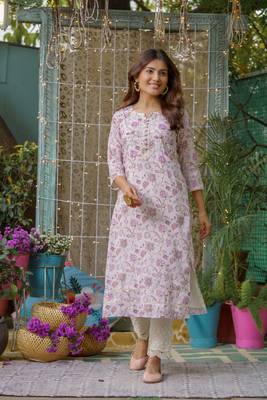 Women off white floral printed thread work straight calf length kurta 1