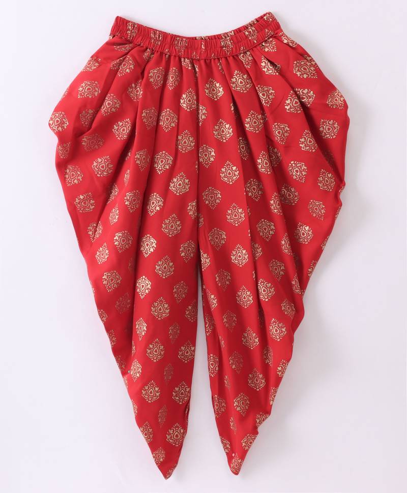 Twisha Girls One Shoulder Self Design Top & Dhoti Pants - White & Red