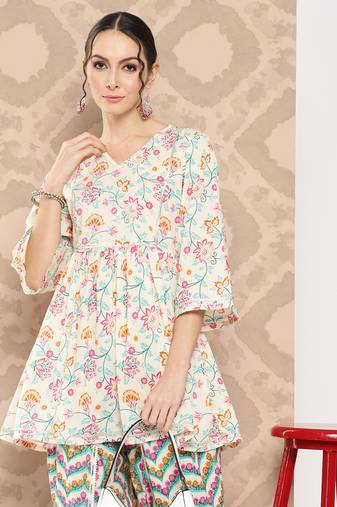  floral printed regular gotta patti pure cotton kurti with dhoti pants