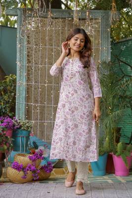 Women off white floral printed thread work straight calf length kurta 2
