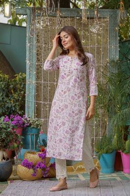 Women off white floral printed thread work straight calf length kurta 4