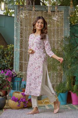 Women off white floral printed thread work straight calf length kurta 5