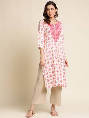Women pink woven design printed thread work straight calf length kurta 1