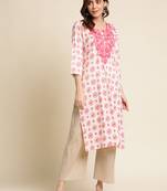 Women pink woven design printed thread work straight calf length kurta