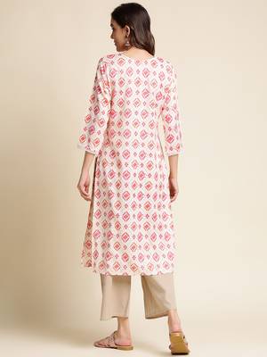 Women pink woven design printed thread work straight calf length kurta 2