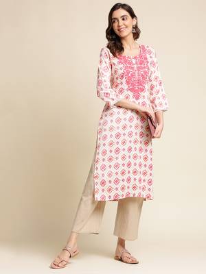 Women pink woven design printed thread work straight calf length kurta 3