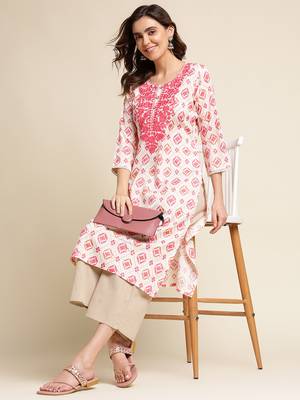 Women pink woven design printed thread work straight calf length kurta 4