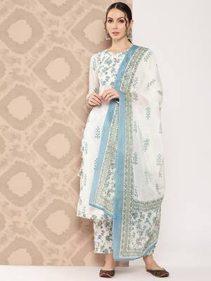 Yufta women floral printed regular sequinned pure cotton kurta with trousers & dupatta 2