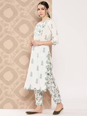 Yufta women floral printed regular sequinned pure cotton kurta with trousers & dupatta 3
