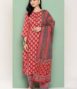 Yufta floral printed regular sequinned pure cotton kurta with trousers & with dupatta