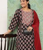 Yufta black zari work plus size kurta trouser and dupatta set