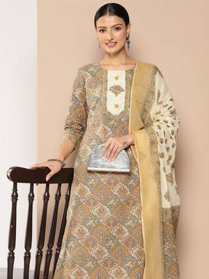  brown and cream printed straight kurta harem pants and dupatta set 1