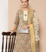  brown and cream printed straight kurta harem pants and dupatta set