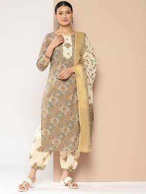  brown and cream printed straight kurta harem pants and dupatta set 2