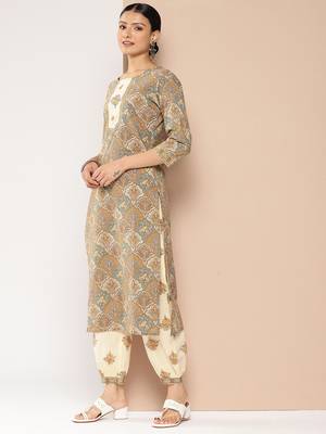  brown and cream printed straight kurta harem pants and dupatta set 3