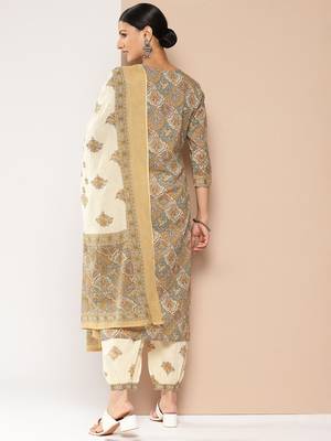  brown and cream printed straight kurta harem pants and dupatta set 4