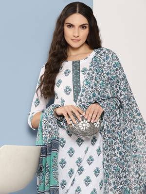 White cotton printed kurta dupatta set 1