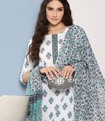 White cotton printed kurta dupatta set