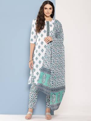 White cotton printed kurta dupatta set 2