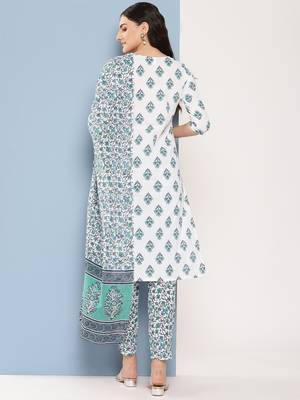 White cotton printed kurta dupatta set 4