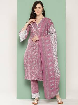 Mauve cotton printed kurta dupatta set 1