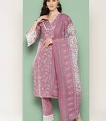 Mauve cotton printed kurta dupatta set