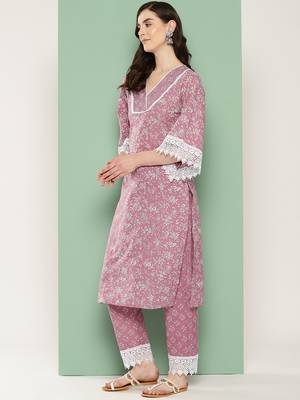 Mauve cotton printed kurta dupatta set 2