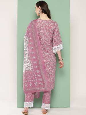 Mauve cotton printed kurta dupatta set 3