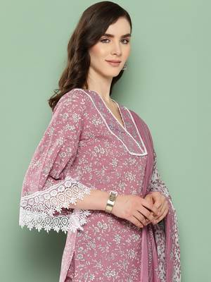 Mauve cotton printed kurta dupatta set 4