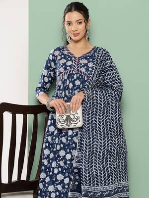  indigo blue hand work anarkali kurta trouser and dupatta set 1