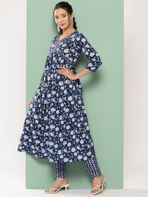  indigo blue hand work anarkali kurta trouser and dupatta set 2