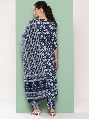  indigo blue hand work anarkali kurta trouser and dupatta set 3