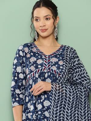  indigo blue hand work anarkali kurta trouser and dupatta set 4