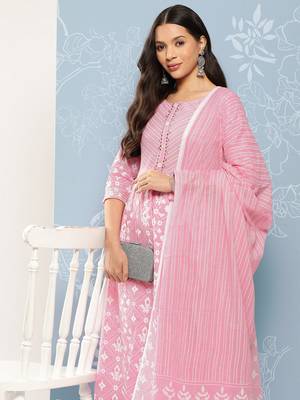  pink geometric straight kurta trouser and dupatta set 1