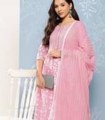  pink geometric straight kurta trouser and dupatta set