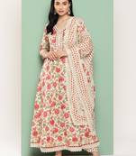 women floral printed regular pure cotton kurta with trousers & dupatta set