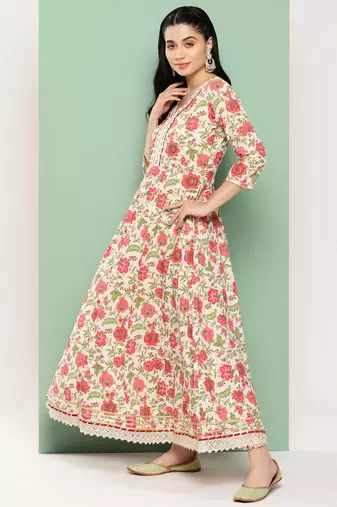 women floral printed regular pure cotton kurta with trousers & dupatta set
