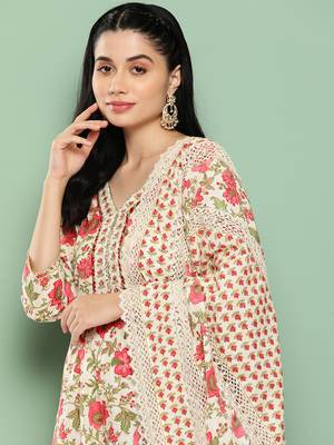 women floral printed regular pure cotton kurta with trousers & dupatta set 4