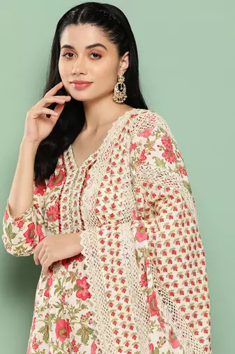 women floral printed regular pure cotton kurta with trousers & dupatta set