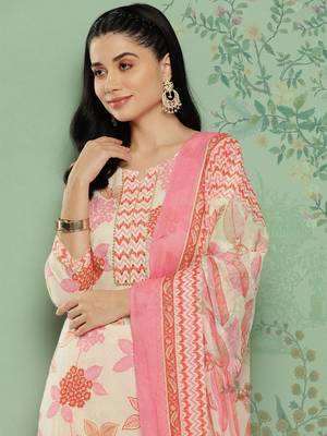  white floral printed regular pure cotton kurta with trousers & dupatta set 1