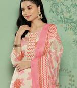  white floral printed regular pure cotton kurta with trousers & dupatta set